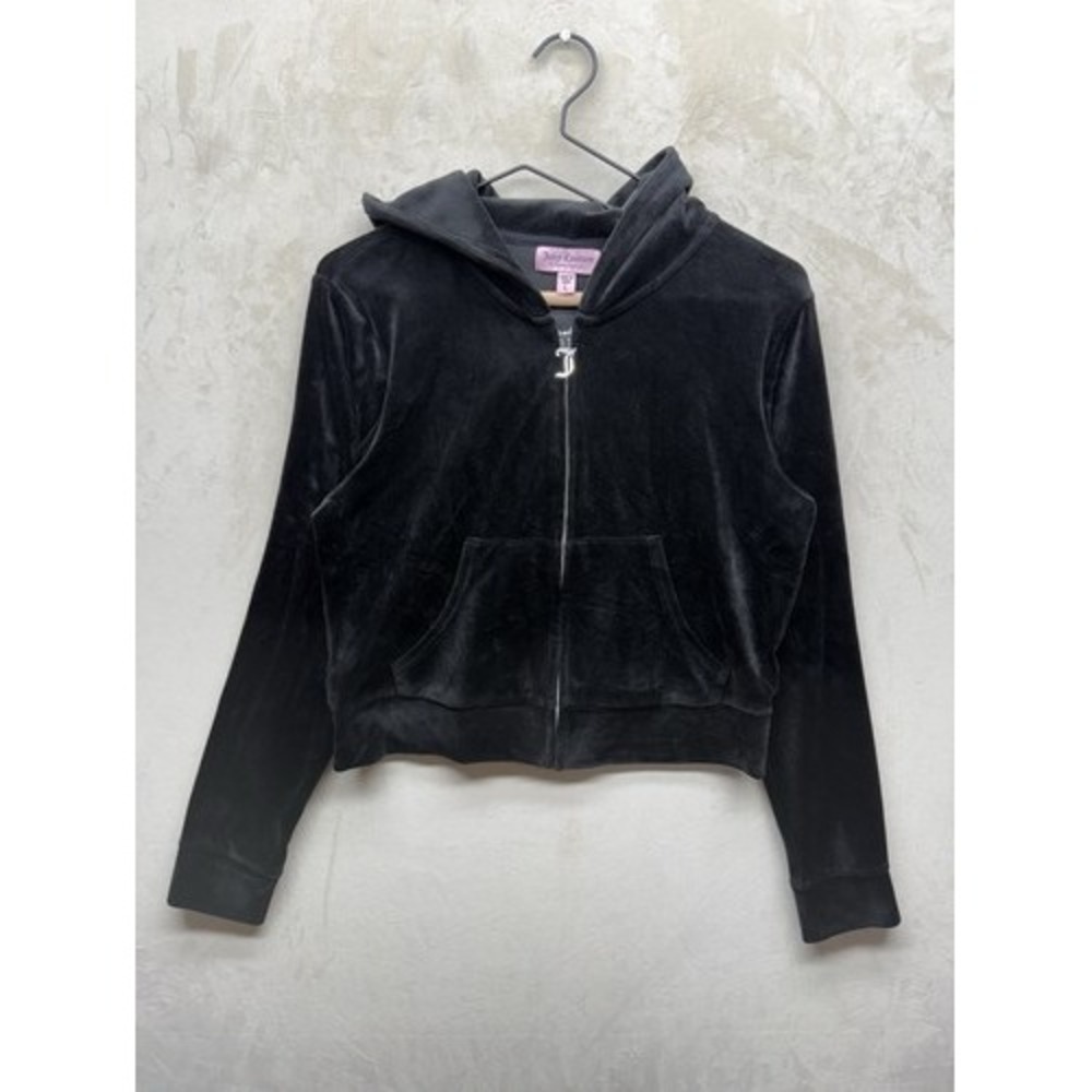 Juicy Couture Hoodie Women's Large Velour Black Cropped Full Zip Hooded Logo